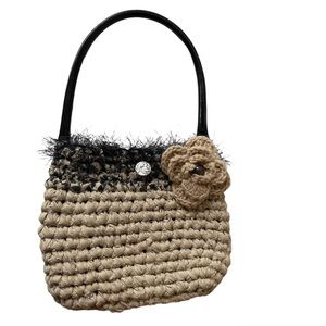 Handmade Tan And Black Purse With Knitted Flower